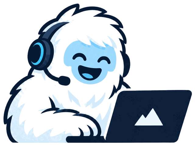 HelpYeti mascot: a friendly yeti with a headset answering customers on a laptop